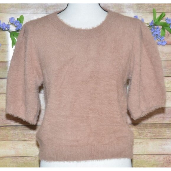 Buddy Love Ladies Brown Half Puff Sleeve Crop Sweater Top Size L Fuzzy Eyelash - Picture 2 of 7